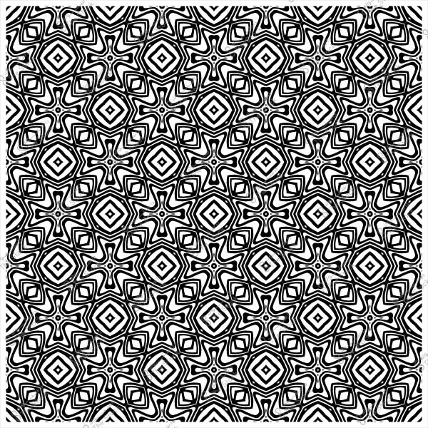 A repetitive black and white pattern with interlocking and symmetrical geometric shapes.
