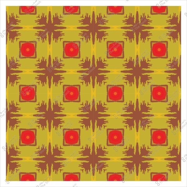 Geometric pattern consisting of repeating squares in brown, red, and yellow on a green background.