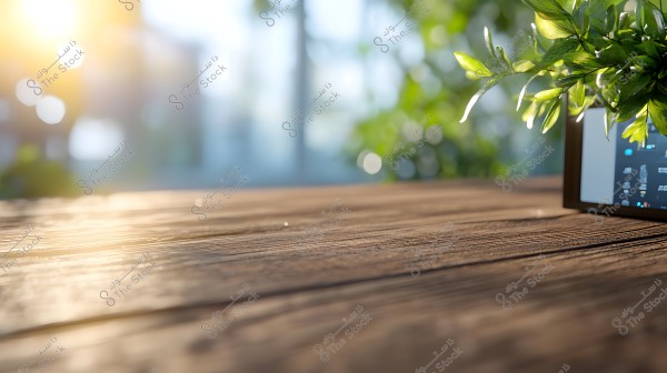 A wooden surface appears in the foreground with green plant leaves at the top right corner. The background is blurred with sunlight streaming in from the left, creating a warm and cozy atmosphere.