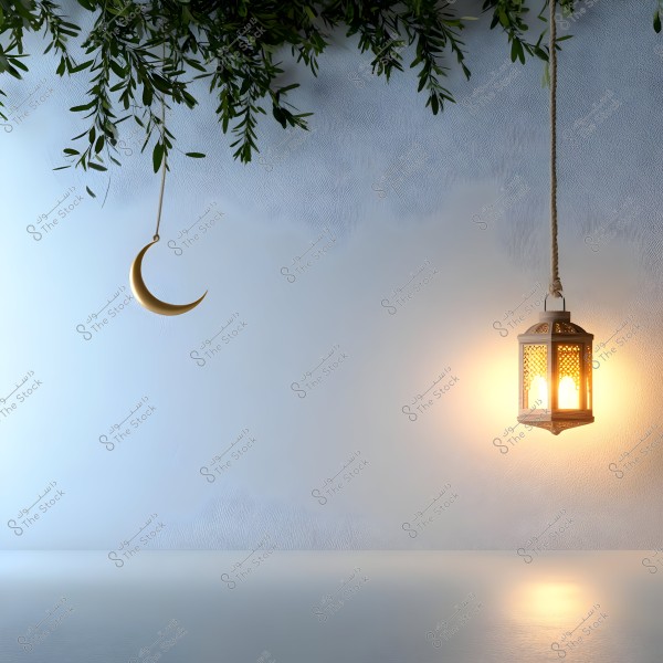 صورة تتضمن فانوساً مضيئاً يتدلى من سقف الغرفة بالحبال, وفوقه أوراق شجر خضراء تتدلى من الأعلى. بجانب الفانوس يظهر هلال ذهبي معلق. الخلفية عبارة عن جدار أزرق فاتح مع اضاءة ناعمة تنعكس على السطح.