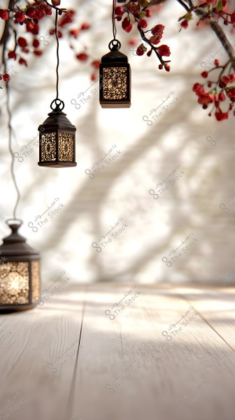 A scene showing two traditional lanterns hanging from a flowering tree branch with red blossoms, casting light and shadows on a white background. The floor is light-colored wood.