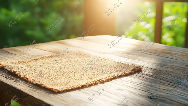 An image of a wooden table illuminated by warm sunlight. On the table is a piece of burlap fabric. The background features blurred greenery, creating an impression of a bright and natural outdoor setting.