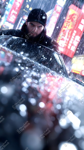 Image of a man with a stern expression standing in front of a car on a rainy night, with neon signs in the background. The man is wearing a black cap and a black jacket, looking serious, with the light focusing on the sparkling raindrops on the car.