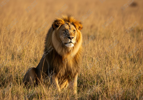 A lion with a thick mane stands in the African savanna, surrounded by tall grass in an open natural setting with golden lighting reflecting a sunset ambiance.