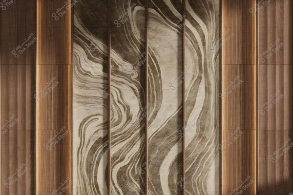 A wooden wall design featuring a central panel with curved lines in shades of brown and beige. The wall is divided into vertical panels, with wooden panels alternating with the artistic design panels in the center. The wooden panels have warm natural wood tones.