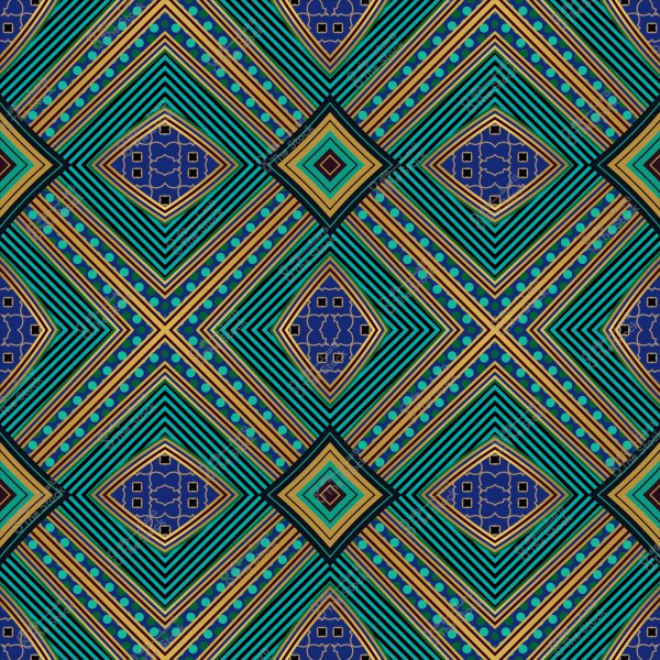 نمط هندسي مزخرف بألوان زرقاء وخضراء وذهبية يشكل أشكالاً ماسية ورقوقة.