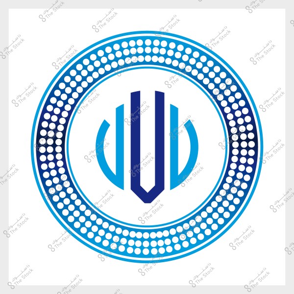Blue logo with geometric design and a circular pattern of small circles.