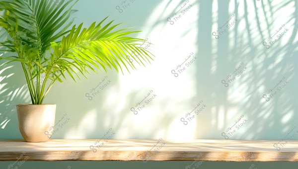 Image of a green plant in a ceramic pot placed on a wooden surface. The background wall is painted in a light color with beautiful shadows of the leaves cast on it.