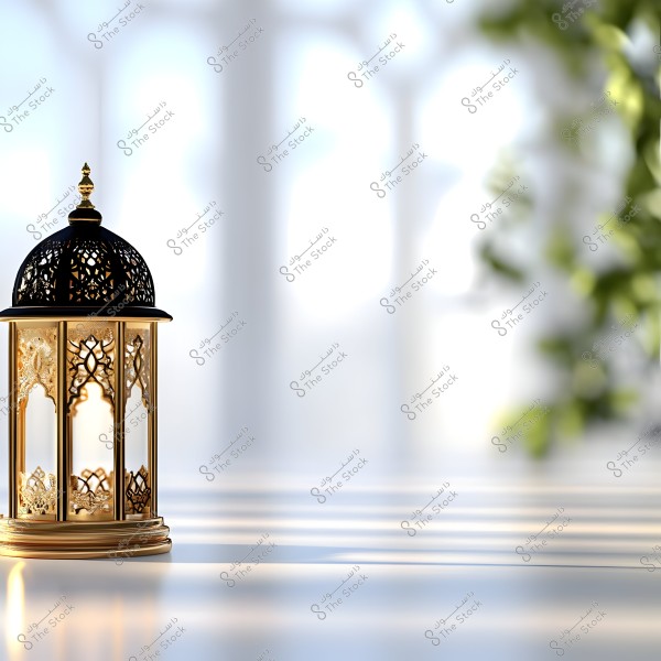 A decorative golden lantern with an intricate design stands on a shiny surface with soft white and blue hues. The lantern glows with a warm golden light, and in the background, there are blurred shadows of green leaves, creating a peaceful and serene atmosphere.