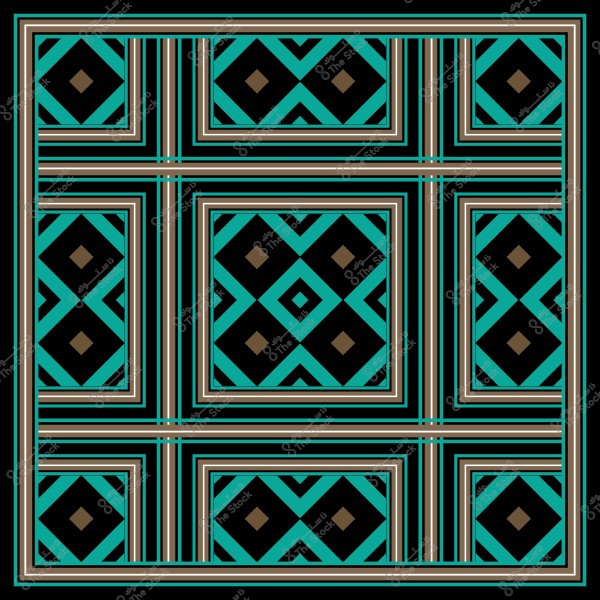 تصميم هندسي بنمط متكرر بالألوان الأخضر والأسود والبيج, يشكل مربعات وخطوط متوازية.