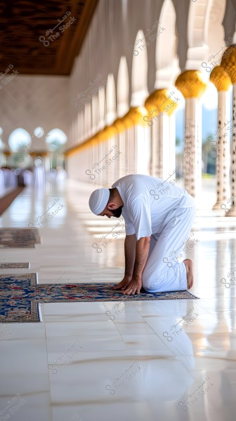 A man in a white robe and cap is performing prayer on a carpet in a spacious and ornate mosque. The architecture features arches and golden decorations.
