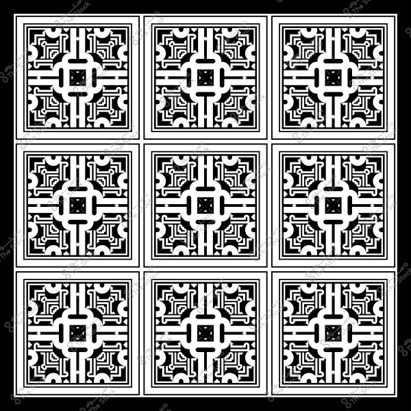 A black and white geometric design consisting of nine squares featuring repeating symmetrical geometric patterns.