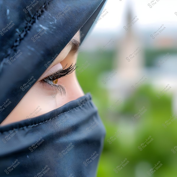 The image is a close-up portrait of a woman wearing a black niqab, revealing only part of her face with a focus on the eye, which has contact lenses. The background is blurred, highlighting the facial features.