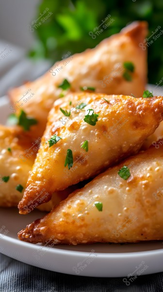 A plate of crispy golden samosas served on a white dish, garnished with fresh parsley. The background features shades of green, suggesting plants or herbs.