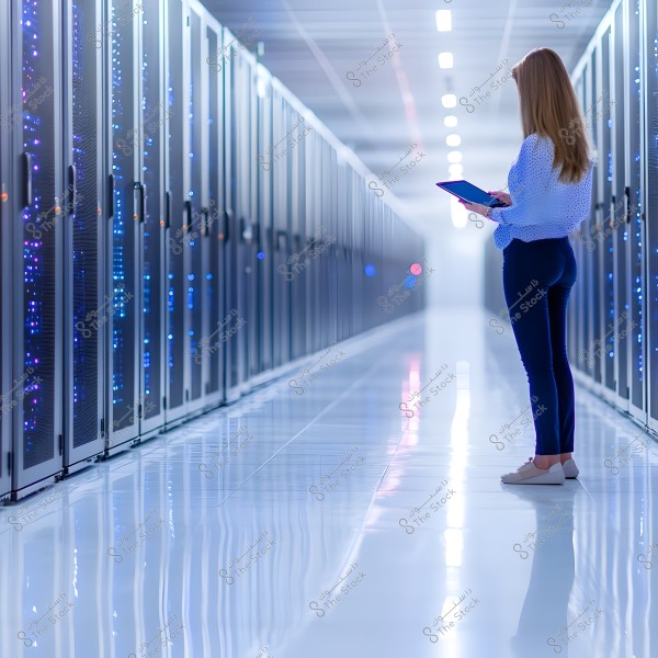 A woman stands in a data center aisle, wearing a blue blouse, dark pants, and light shoes, holding a tablet. The walls are lined with servers featuring blue and red LED lights.