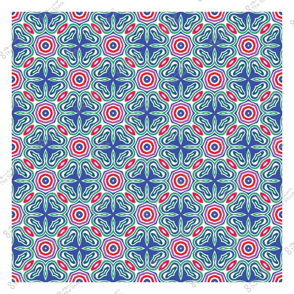 Geometric decorative pattern consisting of repeating shapes in blue, red, green, and white colors.