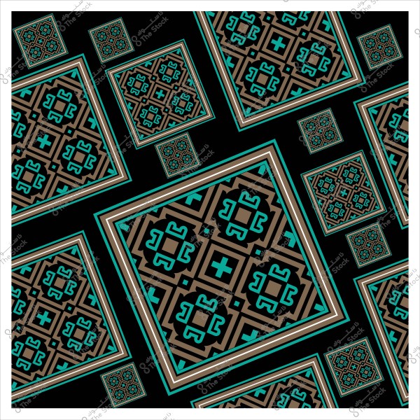 Traditional geometric design with interlocking patterns in brown and blue colors on a black background.