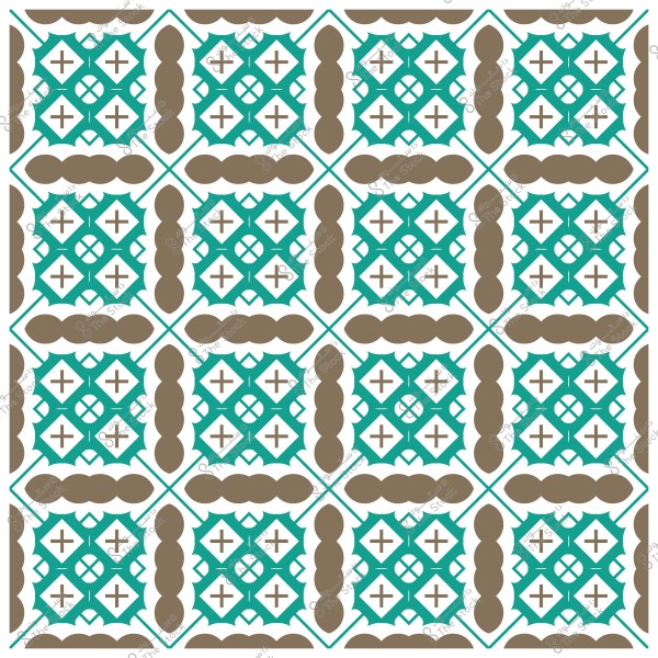 تصميم زخرفي هندسي مكون من أنماط متكررة بألوان فيروزي وبني.