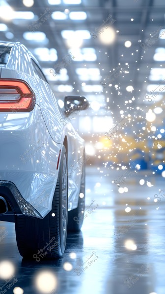 Image of the rear section of a white car in a brightly lit environment. The glossy surface of the car reflects the lighting, with scattered light effects in the air, adding a sense of magic and motion. The background is filled with bright, blurred lights, indicating it is in an indoor setting such as a car showroom.