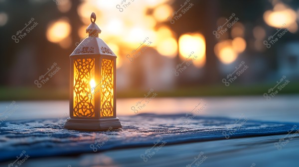 A traditional metal lantern with a decorative design casting a warm light. The lantern is placed on an ornate blue rug, with a sunset in the background displaying orange and golden hues, creating a serene and beautiful atmosphere.