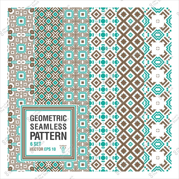 A set of seamless geometric patterns in light blue and brown colors.