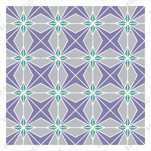 نمط هندسي مكون من أشكال نجمية متكررة باللونين البنفسجي والأخضر على خلفية رمادية. التصميم يتميز بتكرار متناظر وعناصر متعددة الأضلاع تجمع بين الألوان لتشكيل شبكة معقدة.

-