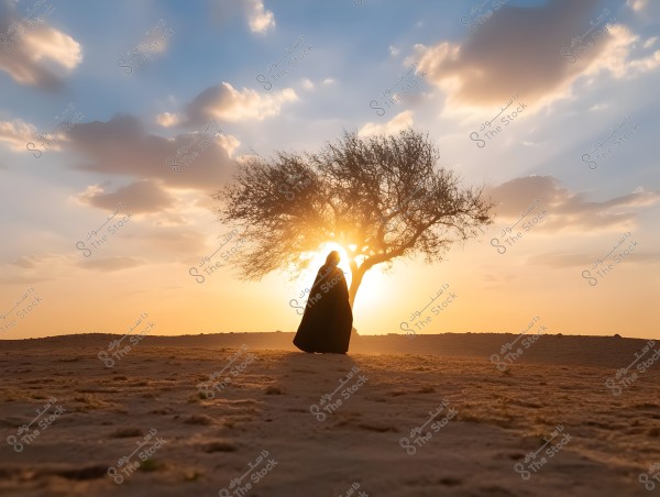 An image of a person wearing a black cloak standing under a tree in the desert at sunset. The sky is covered with thin clouds reflecting the beautiful dusk colors of red and orange, creating a tranquil and serene atmosphere.