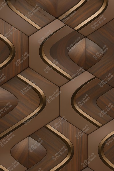 A decorative design featuring abstract geometric shapes in shades of brown and gold. The shapes interlock harmoniously, creating a three-dimensional pattern with smooth curves and soft interlocks. The surface appears to be made of glossy wood and metal, adding a modern and luxurious feel to the design.