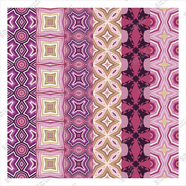 أنماط هندسية بألوان متعددة تتضمن الأرجواني والوردي والأصفر, مع تصميمات متكررة ومتنوعة.