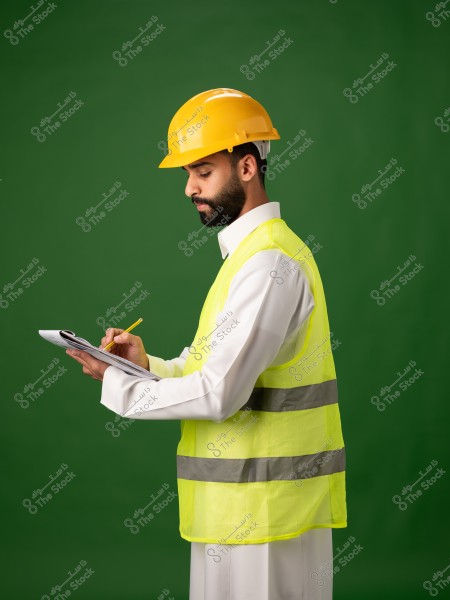 An image of a man wearing a yellow safety helmet and a reflective vest against a green background. He is holding a notebook and writing with a pencil. The clothing suggests he may be from a Gulf country.