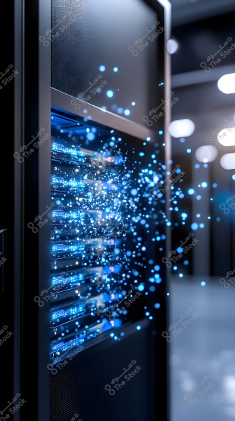 An image of a data server in a data center, showing a rack array with illuminated blue LED lights. Glowing blue particles resembling digital particles are spreading in the air, giving a sense of modernity and advanced technology. The surrounding environment is dark, highlighting the server\'s blue lights.