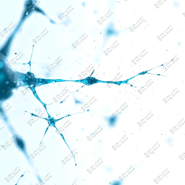 An image of a neuron in the brain depicted in blue, with long arms branching out from the central node. The background is white with small blue spots scattered throughout.