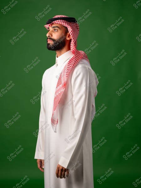 رجل يرتدي الزي الخليجي التقليدي, يشمل الشماغ والعقال والثوب الأبيض, بخلفية خضراء.