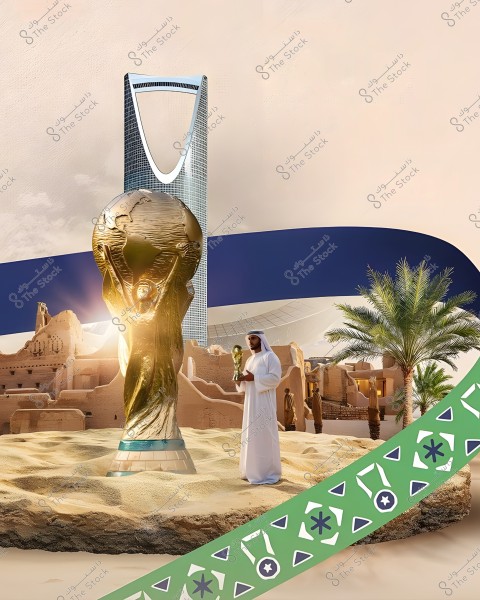 The image features the Kingdom Tower in the background, with a large World Cup trophy statue set in a desert scene. Next to the statue, a man in traditional Gulf attire holds a small version of the World Cup. In the background, there are traditional buildings, palm trees, and a decorative green frame at the bottom.