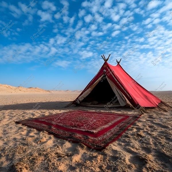 Image of a traditional Bedouin tent set in an open desert landscape. The tent is made of red fabric and secured with poles. In front of the tent, there is a patterned rug laid on the sand. The sky is clear blue with scattered clouds. The surrounding environment is arid with sand dunes.
