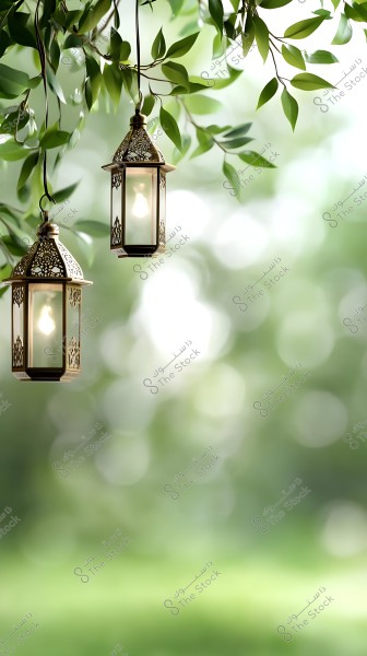 Two ornate metal lanterns with an Eastern design hanging from tree branches. The background is filled with greenery and natural bokeh, creating a serene and tranquil atmosphere.