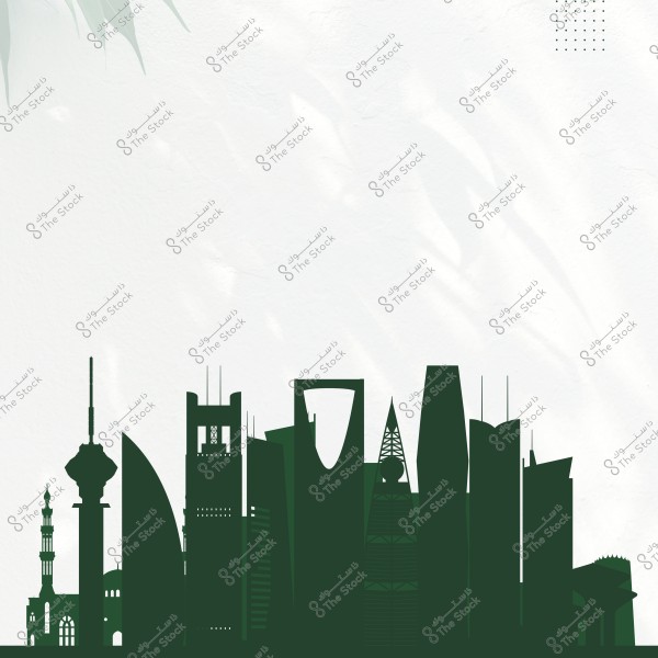 Image features a silhouette of a city skyline with various iconic landmarks, including a futuristic tower resembling the Al Faisaliyah Center and mosque domes. The design is in green against a white background, giving the skyline a modern and distinctive feel.