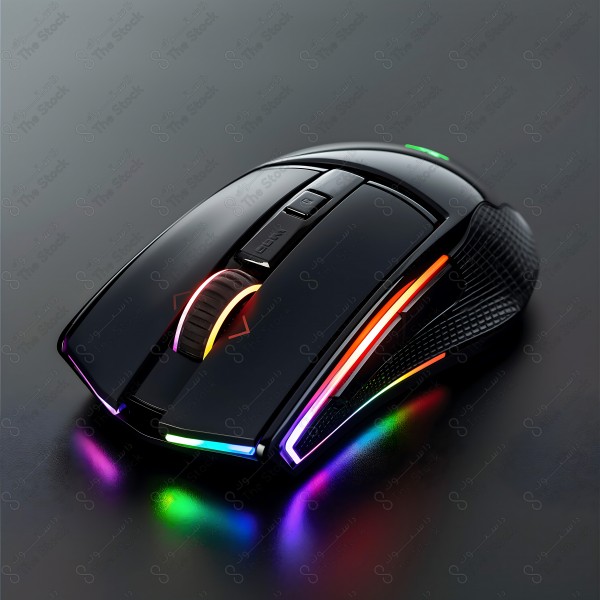 Gaming mouse with RGB lighting on a black surface. by AI