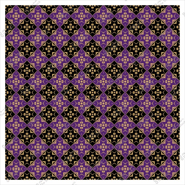 نمط هندسي إسلامي بأشكال نجمية وزهور بلونين البنفسجي والأسود, يتميز بتفاصيل ذهبية.