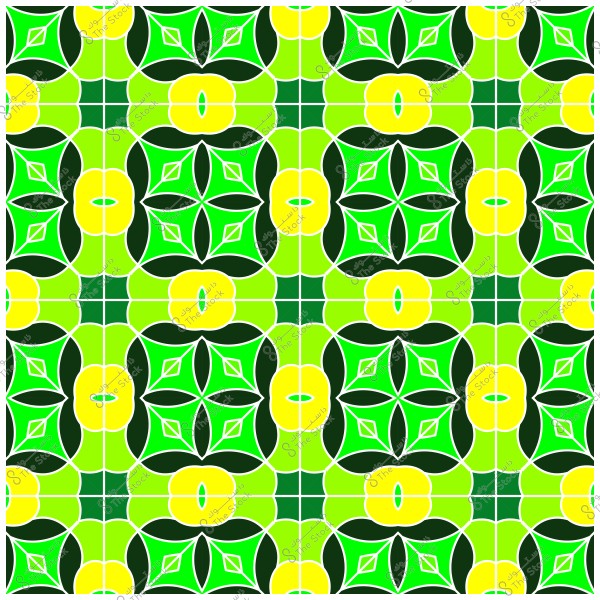 A geometric pattern with green and yellow colors featuring symmetrical shapes and repeating designs.