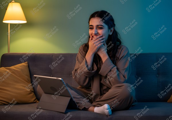 A young woman sits comfortably on a sofa wearing loungewear, smiling as she looks at a tablet screen. Beside her is a yellow pillow and a lit floor lamp. She appears relaxed and at ease.