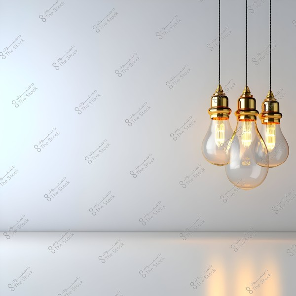 The image shows three hanging light bulbs on the right side. The bulbs have a classic design with visible glowing filaments. The background is a simple white-grey, and the room\'s walls appear smooth and uniform.