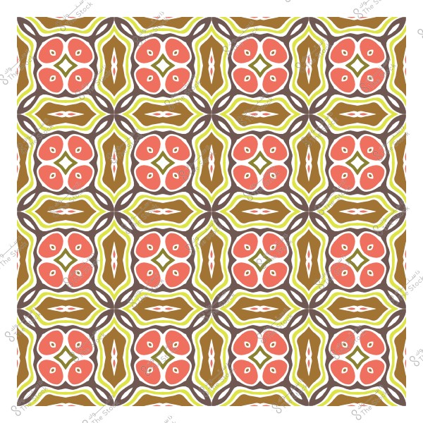 نمط زخرفي مكون من أشكال هندسية وألوان متنوعة تشمل البرتقالي والأخضر والبني على خلفية بيضاء.