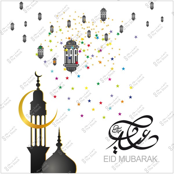 تصميم عيد مبارك يحتوي على فانوس مزخرف وهلال مع نجوم ملونة.