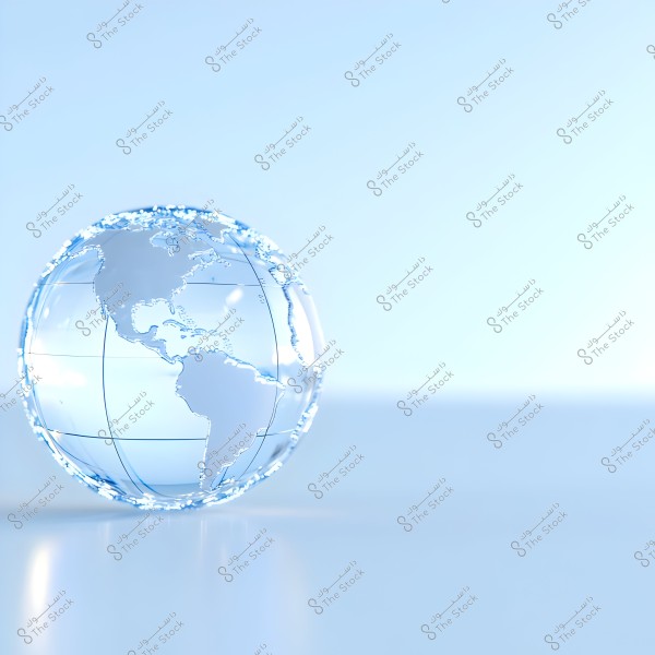 An image showing a transparent glass model of the Earth against a soft blue background. The globe prominently displays the continents of North and South America, with color gradients that make the sphere appear luminous and shiny.