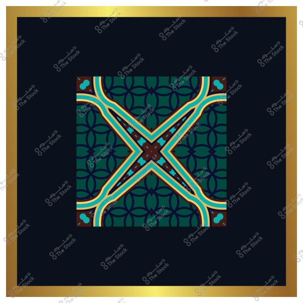 نمط هندسي إسلامي معقد بألوان زرقاء وخضراء وأصفر مع إطار ذهبي.