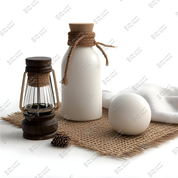 The image features an antique lantern made of wood and metal on the left, a white bottle with a wooden cap and decorative rope in the center, and a white sphere on the right. All items are placed on a piece of coarse fabric, with a pinecone at the front edge. In the background, there is a loosely draped white cloth.