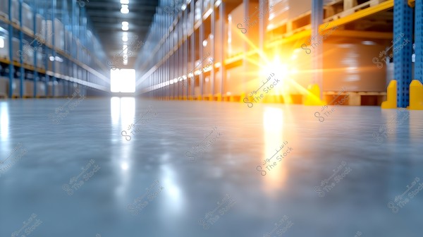 The image depicts an aisle in a large warehouse with massive metal shelves loaded with cardboard boxes on both sides. Bright sunlight shines through an open window at the end of the aisle, adding a warm glow to the glossy concrete floor.
