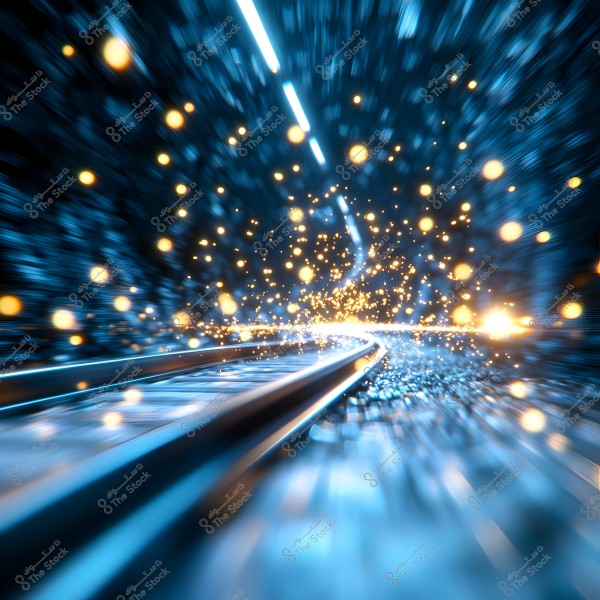 A dynamic shot of a dark railway track, illuminated by sparkling lights in blue and gold. The light trails create a sense of rapid motion through space.