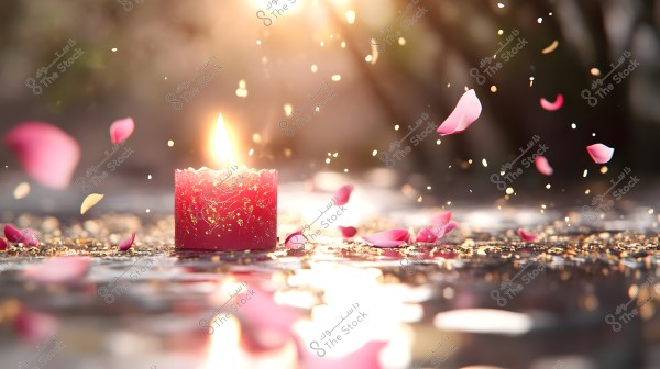 An image of a lit red candle placed on a reflective surface, surrounded by pink rose petals falling around it. Some golden sparkling particles are scattered, with the candle\'s light illuminating the scene against a blurred background.
